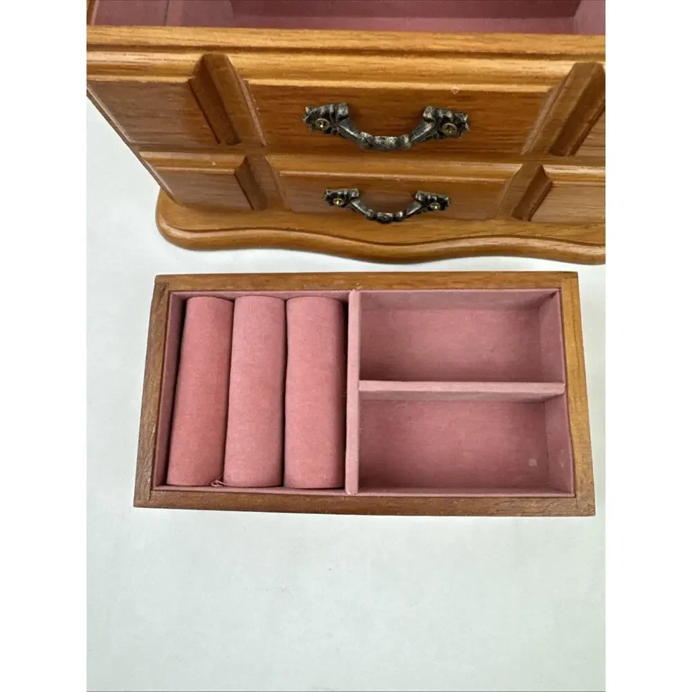 Small Jewelry Box Oak Finish Velvet Lined, Mirror, Lift Top & lift out tray